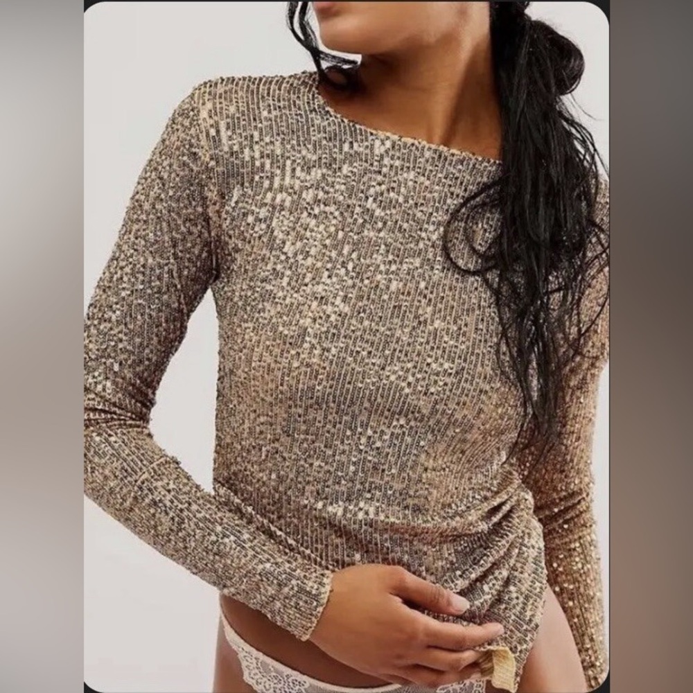Free People Gold Sequin Long Sleeve Blouse